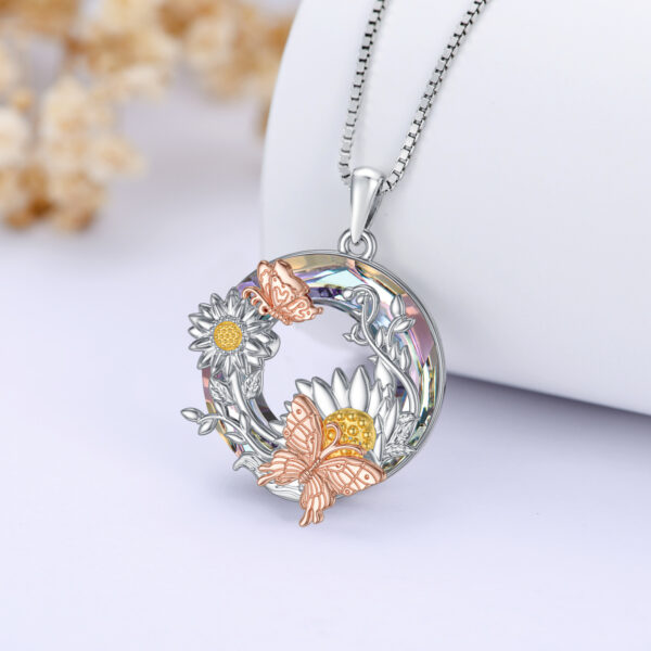 Crystal Sunflower Butterfly Necklace in Rose Gold and Gold Plated Sterling Silver - Image 3