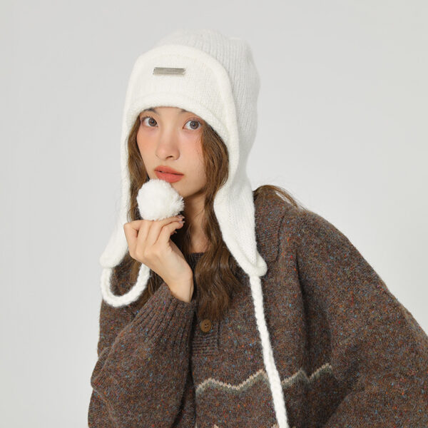 Women's Hat With Ear Protector And Wool Ball Knitting - Image 3
