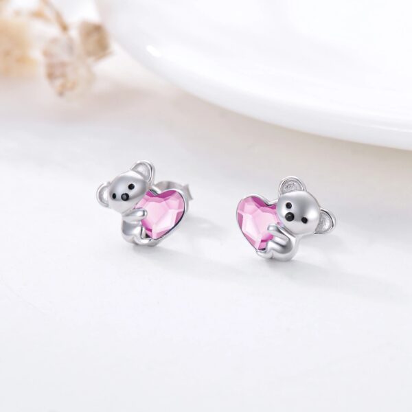 925 Sterling Silver Koala Bear Cute Animal Hypoallergenic Heart Crystal Earrings Jewellery - Image 2