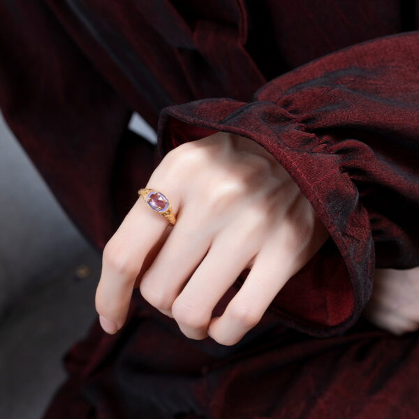 Gold Plated Vintage Band Amethyst Flower Ring - Image 3