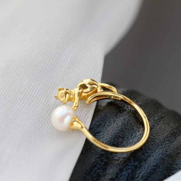 Nafu Court Silver Jewelry Wholesale Fashion Lovely Cat Silver Ring Set With Natural Freshwater Pearl 925 Sterling Silver Ring - Image 2