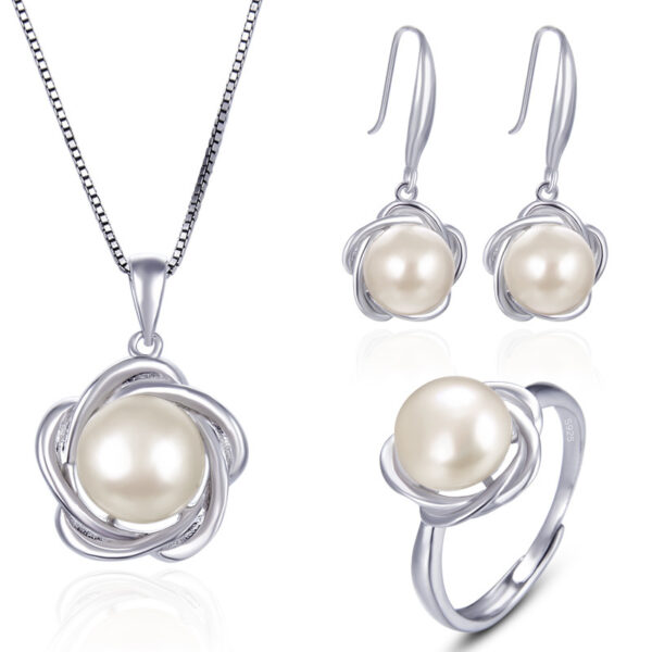 European And American Fashion OL Temperament Flower Earrings S925 Silver Ring Pearl Lady Necklace Jewelry Set - Image 3