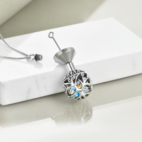 Sterling Silver Tree of Life Urn for Ashes Necklace with Aurora Borealis Crystal - Image 2