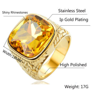 Artificial Gemstone Square Tattoo Titanium Steel Ring - Size 10, Golden yellow
