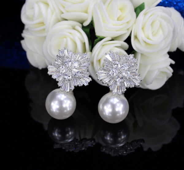 Pearl Earrings for Women with Luxury Fireworks Shaped Cubic Zirconia Woman Jewelry Birthday Gift - Image 2
