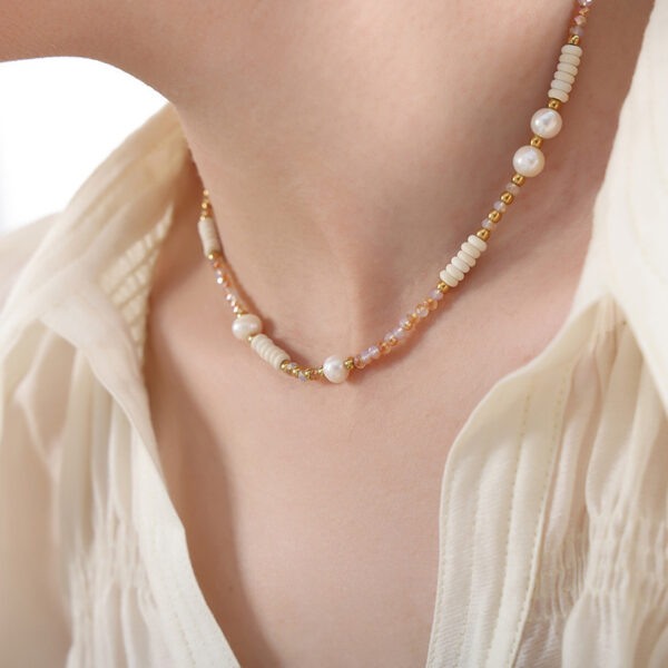 Titanium Colorful Ball Chain Natural Freshwater Pearl Glass Stone Necklace Wild Titanium Steel Bead String Jewelry