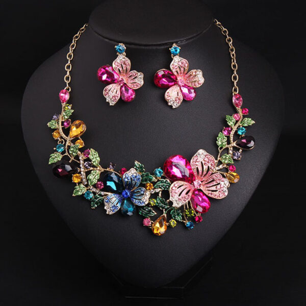 Europe and America luxury color flower crystal drill short clavicle Necklace Earrings Set women bride dinner dress ornaments - Image 2