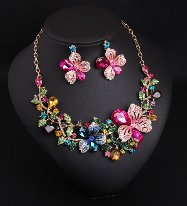 Europe and America luxury color flower crystal drill short clavicle Necklace Earrings Set women bride dinner dress ornaments - Image 4
