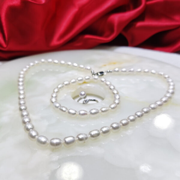 Three Piece Jewelry Pearl Necklace Bracelet Ring 7-8mm