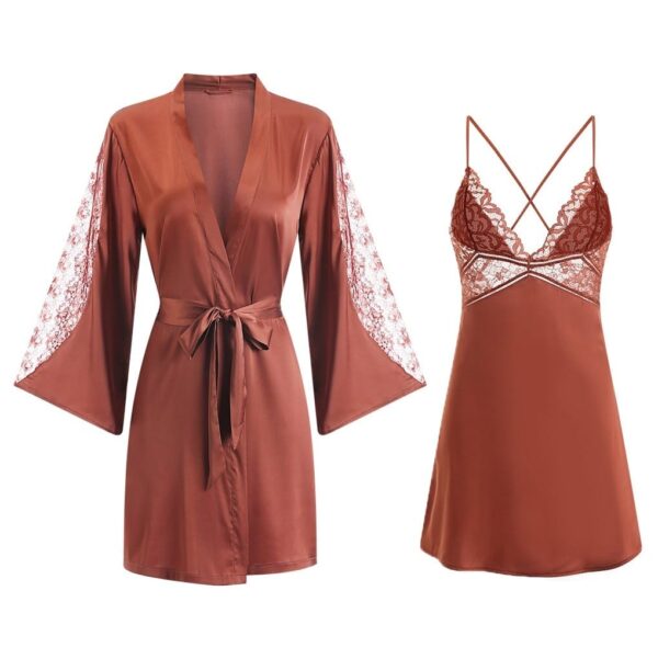 Women's Sheer Lace Detail Robe and Nightdress 2 Pcs Set