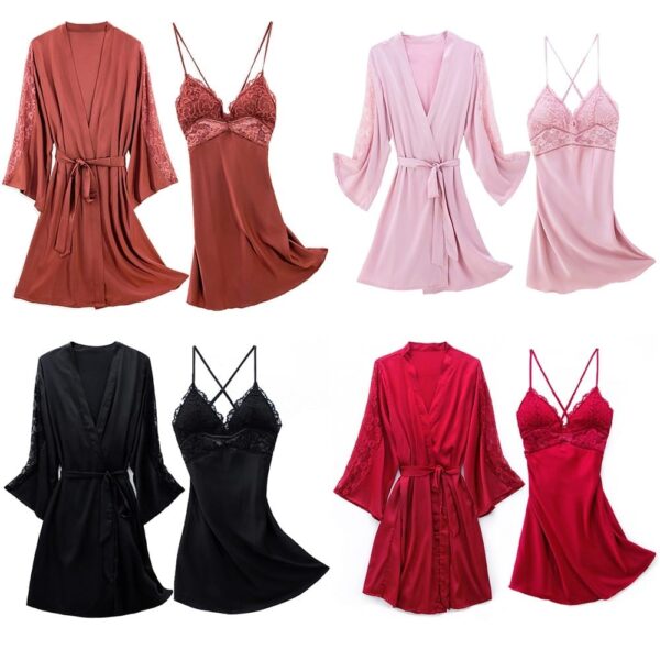 Women's Sheer Lace Detail Robe and Nightdress 2 Pcs Set - Image 6