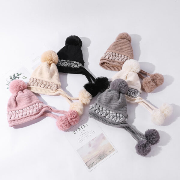 Color-blocking Twist Three-hair Ball Ear Protection Wool Hat - Image 2