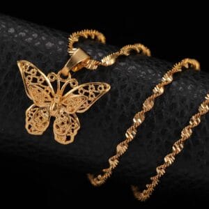 24K Gold Filled Water Wave Chain Butterfly Pendant Necklace