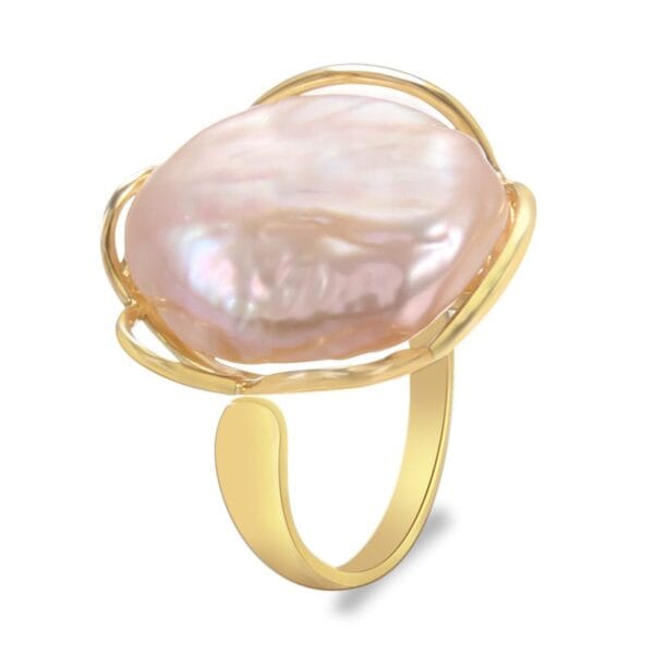 Women's Irregular Big Pearl Gold Color Copper Ring - Image 2