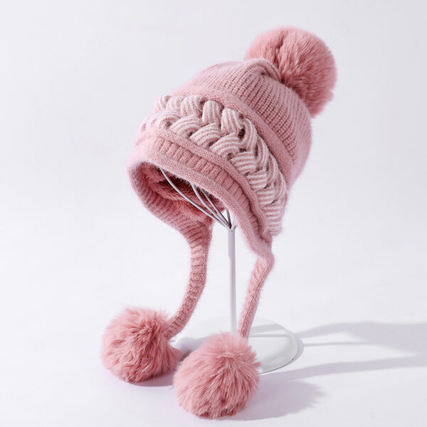 Color-blocking Twist Three-hair Ball Ear Protection Wool Hat - Image 6