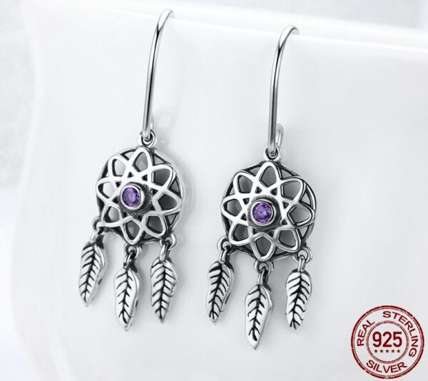 Women's Sterling Silver Boho Dream Catcher Shaped Drop Earrings - Image 3