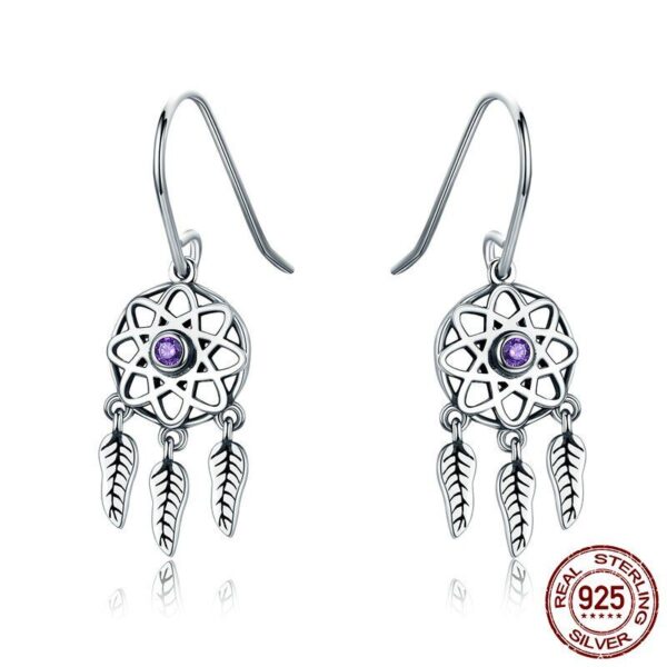 Women's Sterling Silver Boho Dream Catcher Shaped Drop Earrings - Image 2