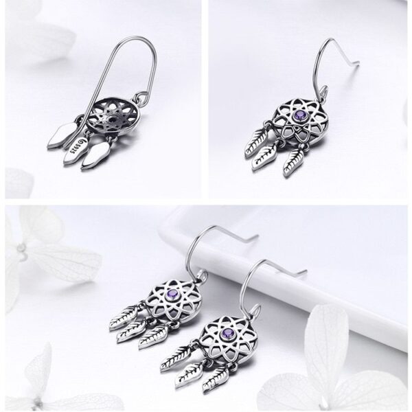 Women's Sterling Silver Boho Dream Catcher Shaped Drop Earrings - Image 4