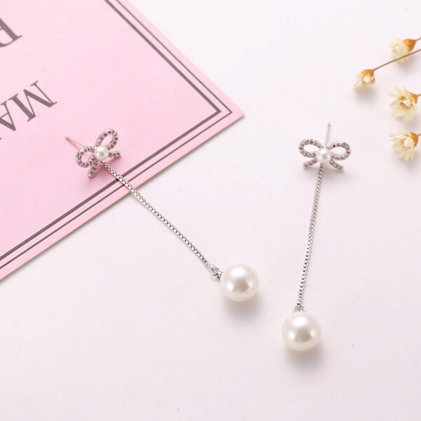 Sterling Silver Needle Bow Earrings Long Pendant Pearl Hypoallergenic Earrings Copper Jewelry Two Ways - Image 2