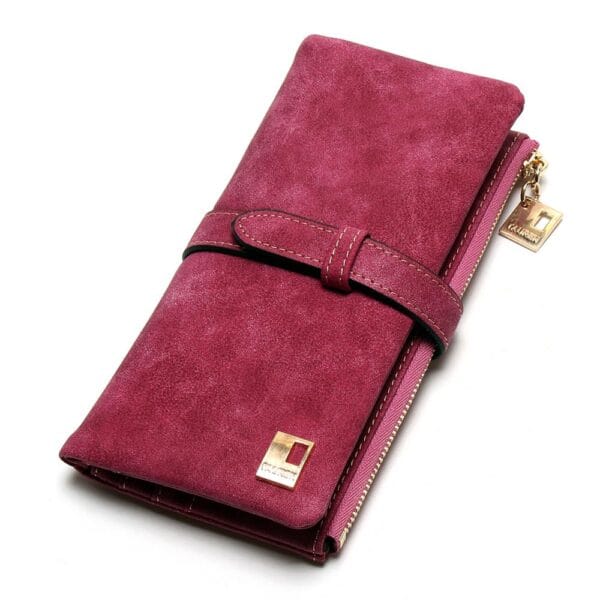 Women's Nubuck Leather Long Wallet - Rose Red
