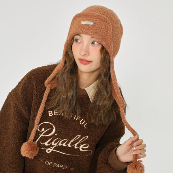 Women's Hat With Ear Protector And Wool Ball Knitting - Image 6