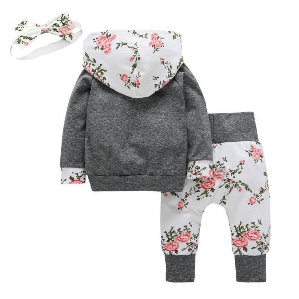 Baby Girl's Floral Hoodie and Pants Set with Headband - Image 3