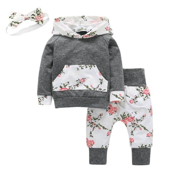 Baby Girl's Floral Hoodie and Pants Set with Headband - Image 2