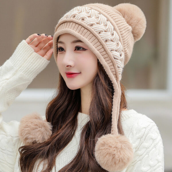 Color-blocking Twist Three-hair Ball Ear Protection Wool Hat