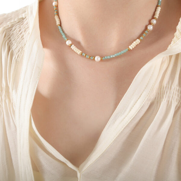 Titanium Colorful Ball Chain Natural Freshwater Pearl Glass Stone Necklace Wild Titanium Steel Bead String Jewelry - Image 2