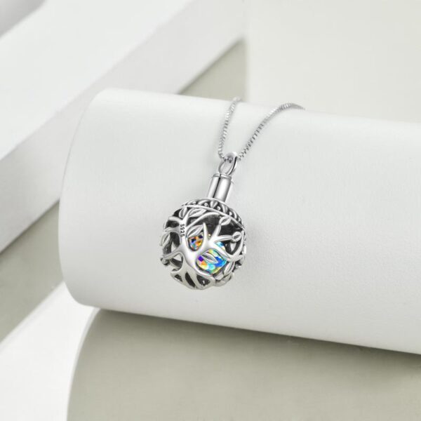 Sterling Silver Tree of Life Urn for Ashes Necklace with Aurora Borealis Crystal - Image 3