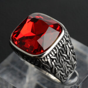Artificial Gemstone Square Tattoo Titanium Steel Ring - Size 10, Steel red