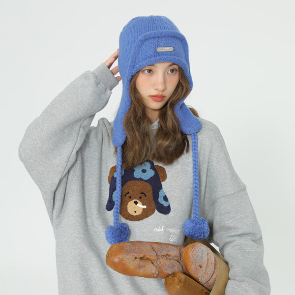 Women's Hat With Ear Protector And Wool Ball Knitting - Image 2