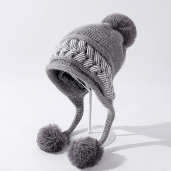 Color-blocking Twist Three-hair Ball Ear Protection Wool Hat - Image 8