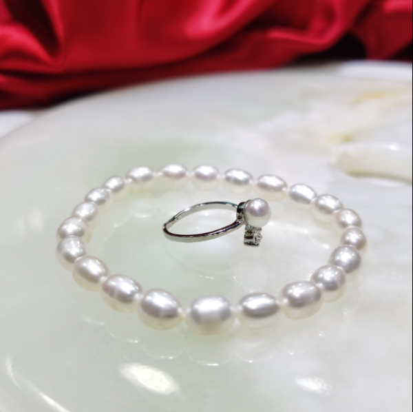 Three Piece Jewelry Pearl Necklace Bracelet Ring 7-8mm - Image 5