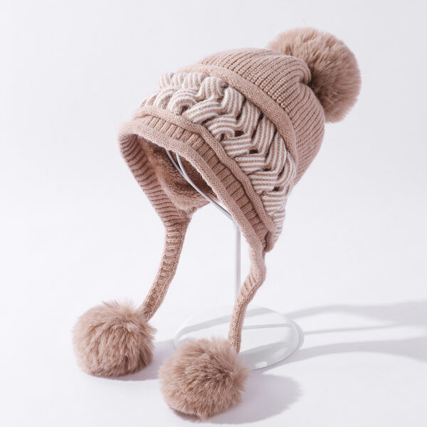 Color-blocking Twist Three-hair Ball Ear Protection Wool Hat - Image 4