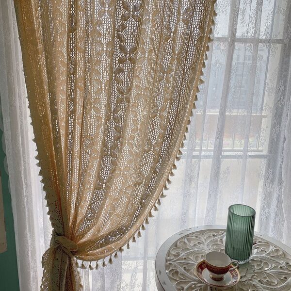 Cotton Linen Crochet Hollow Living Room Curtains - Image 2