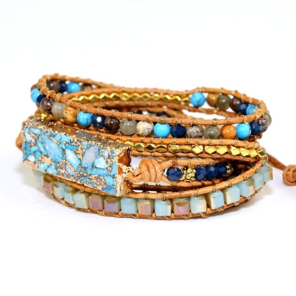 Gold Thread Turquoise Hand-woven Multi-layer Leather Bracelet - Image 2