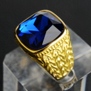 Artificial Gemstone Square Tattoo Titanium Steel Ring - Size 10, Golden blue