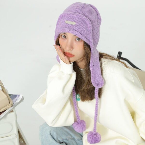 Women's Hat With Ear Protector And Wool Ball Knitting - Image 4