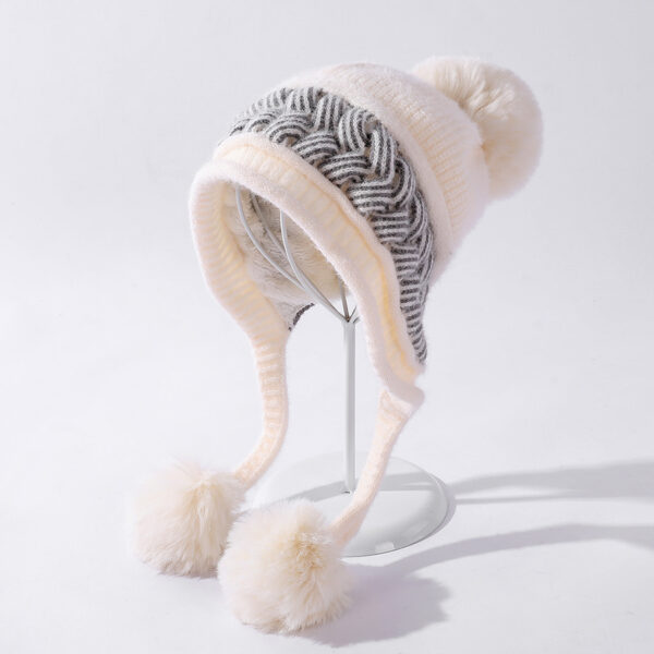 Color-blocking Twist Three-hair Ball Ear Protection Wool Hat - Image 5