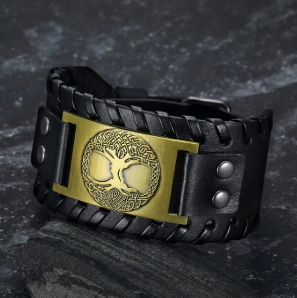 Asgard Crafted Leather Buckle Arm Cuff With Metal Celtic Tree Of Life Design - Image 2