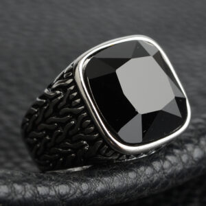 Artificial Gemstone Square Tattoo Titanium Steel Ring - Size 10, Steel black